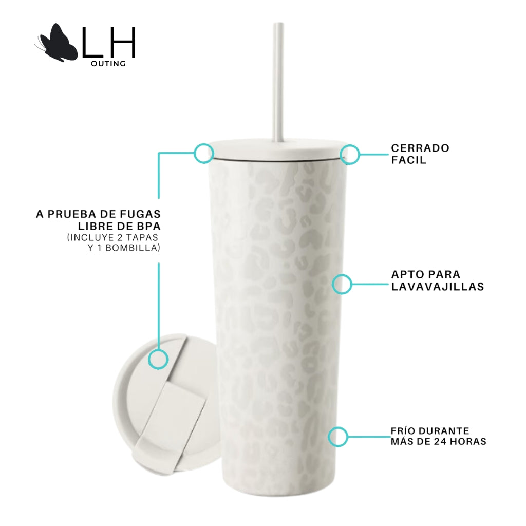 Vaso Térmico 700ml + 2 tapas Blanco Leopardo