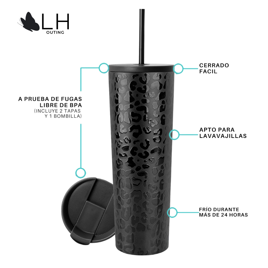 Vaso Térmico 700ml + 2 Tapas Negro Leopardo