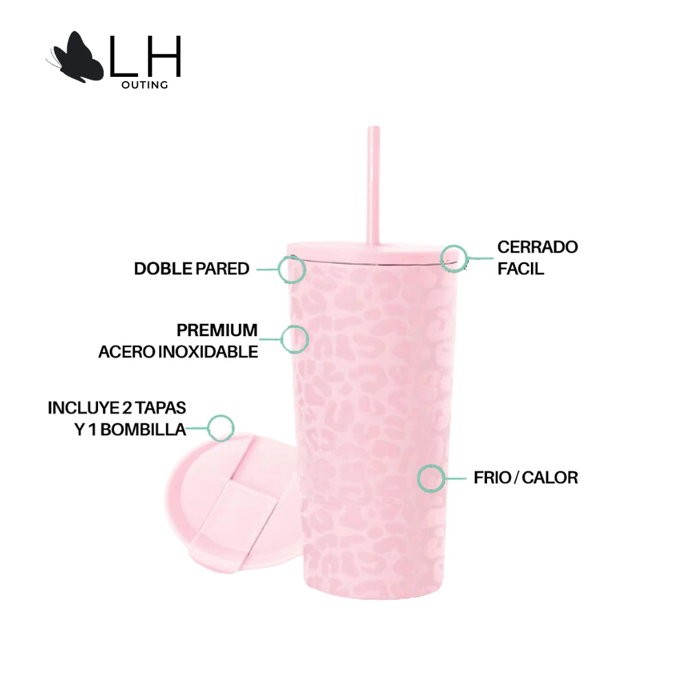 Vaso Térmico 460ml + 2 Tapas Rosado Leopardo