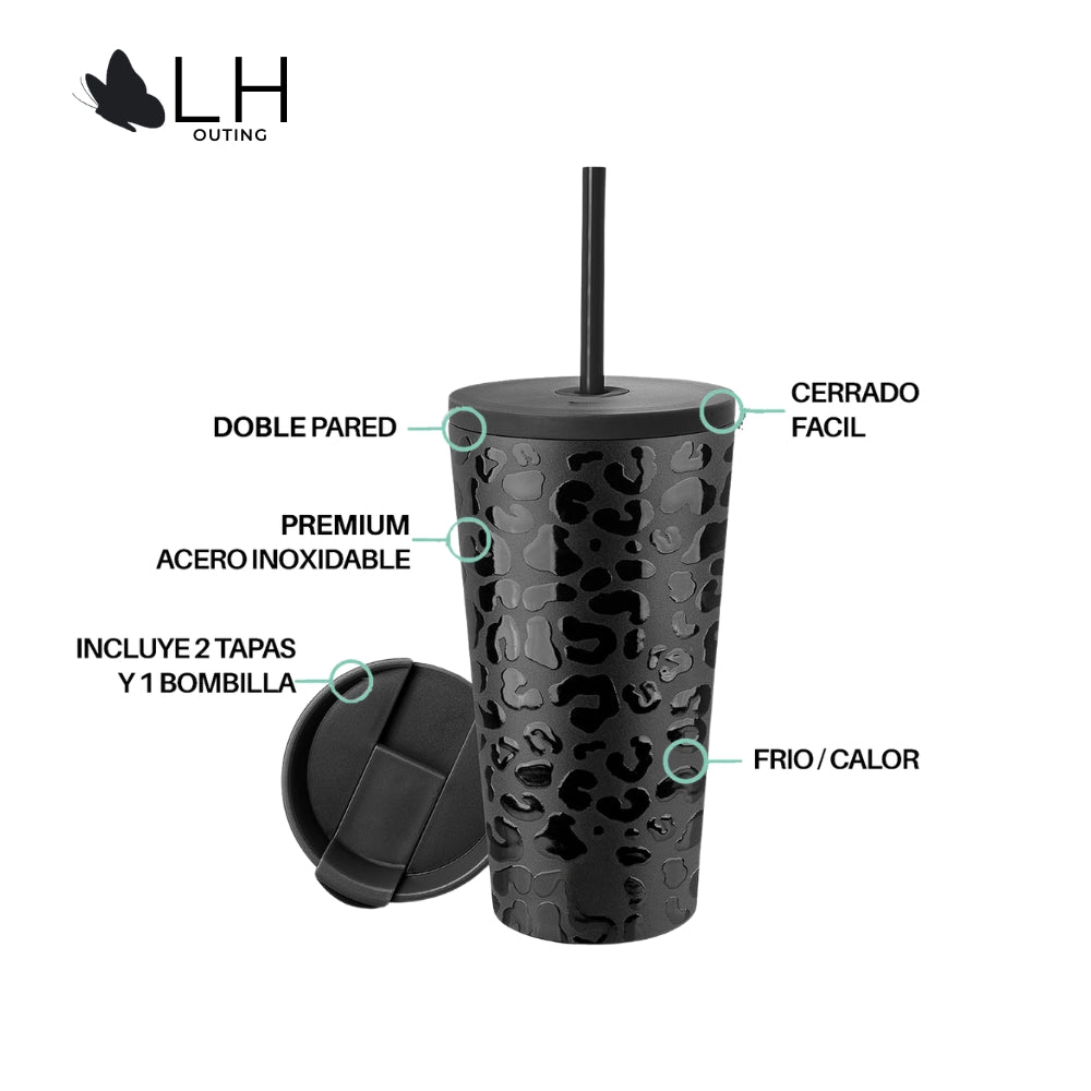 Vaso Termico 460ml + 2 tapas Negro Leopardo