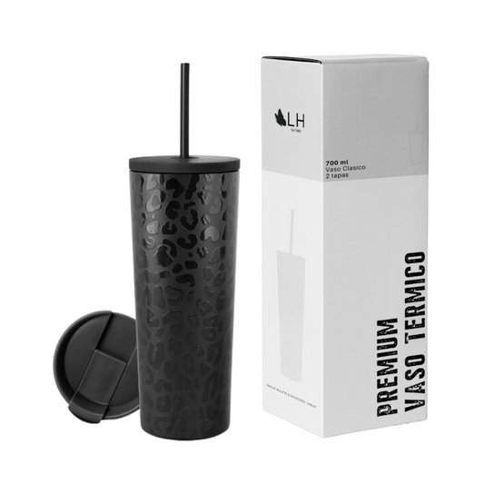 Vaso Térmico 700ml + 2 Tapas Negro Leopardo