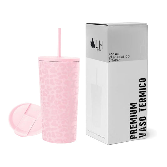 Vaso Térmico 460ml + 2 Tapas Rosado Leopardo