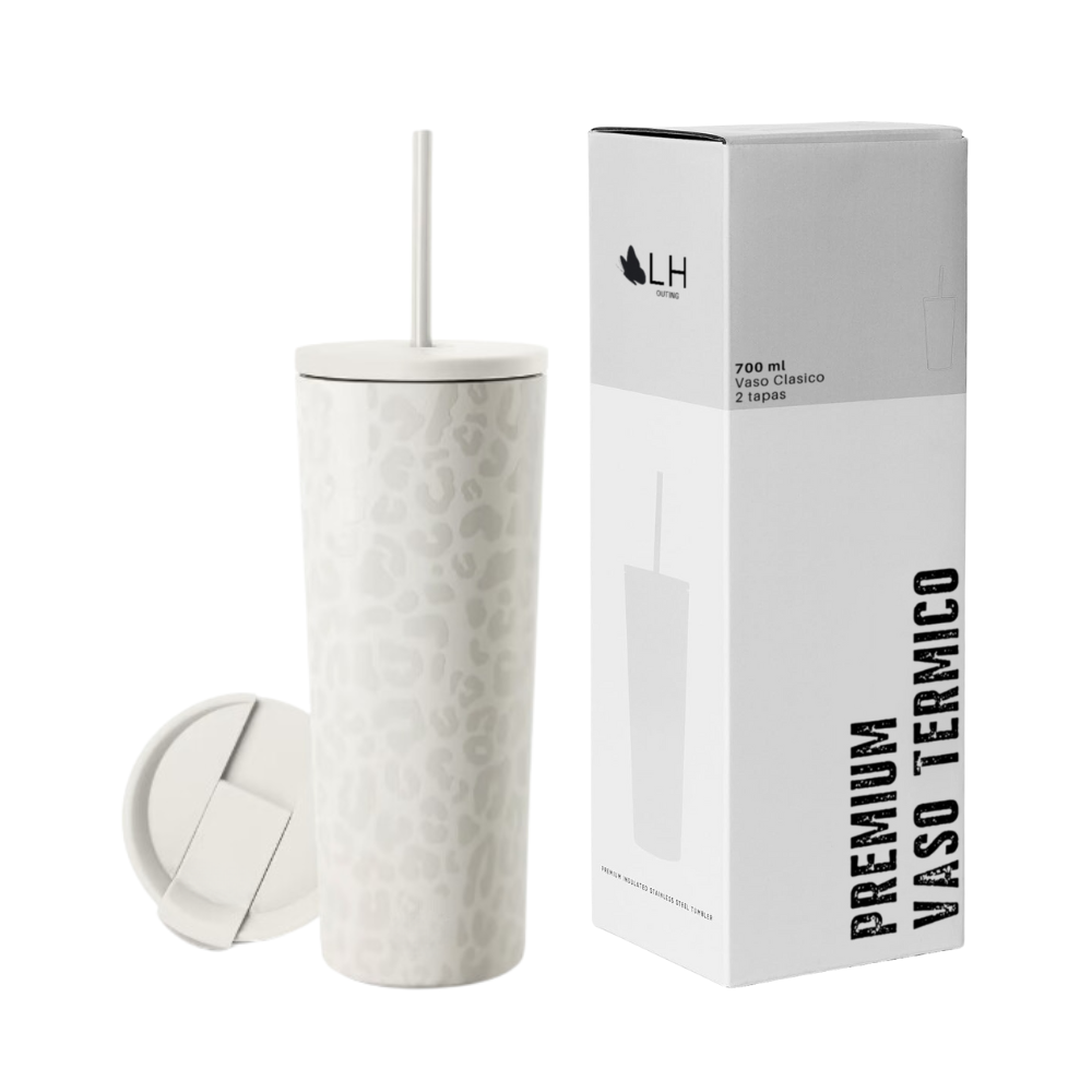 Vaso Térmico 700ml + 2 tapas Blanco Leopardo