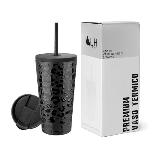 Vaso Termico 460ml + 2 tapas Negro Leopardo