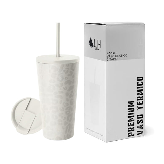 Vaso Térmico 460ml + 2 Tapas Blanco Leopardo